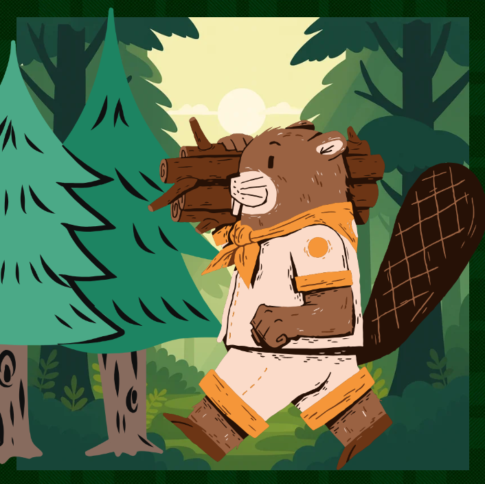 A cute cartoon beaver in a scout-style outfit carries a bundle of logs through a sunlit forest.