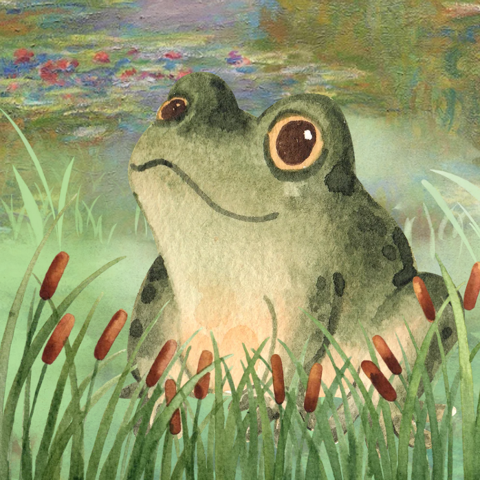 A watercolor green frog in a pond