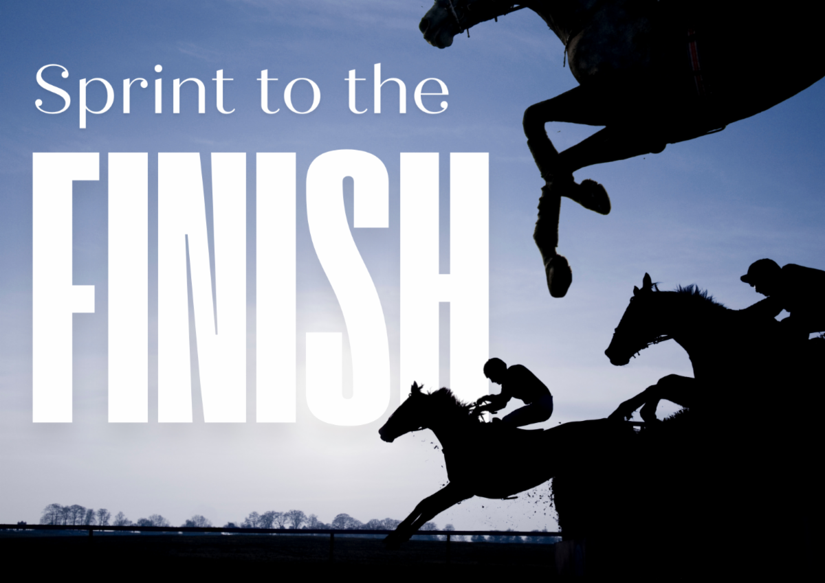 Horseracing photo that reads sprint to the finish