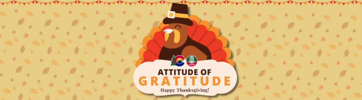 Attitude of Gratitude artistic graphic featuring a colorful turkey wearing a pilgrims hat