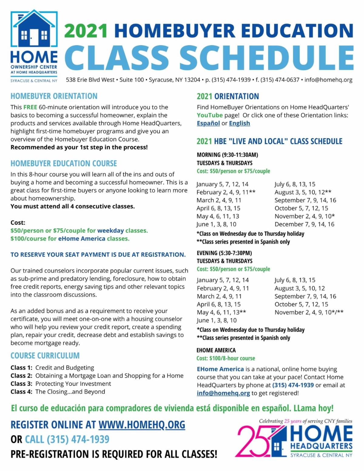 Homebuyer Education Class Schedule