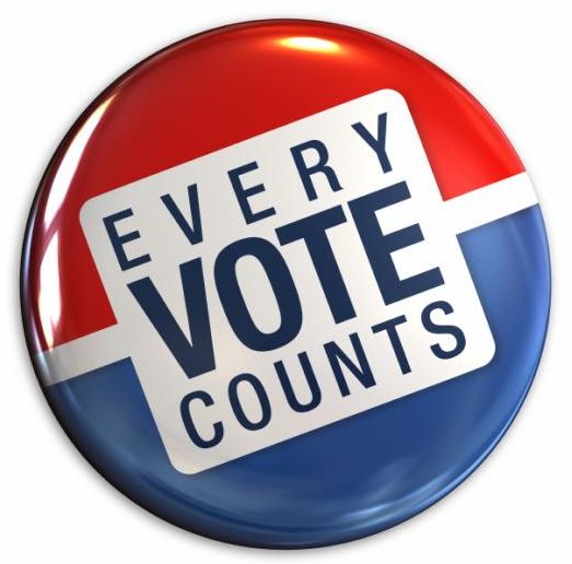 Red, white and blue pin with text that reads, Every Vote Counts.