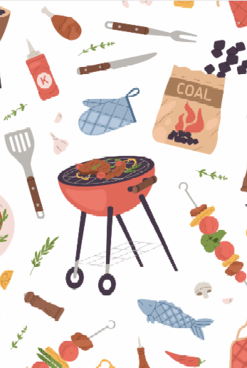 Barbecue grill with miscellaneous symbols around it like a fish, chicken drumstick, garlic, herbs, spatula, oven mitt, and utensils.