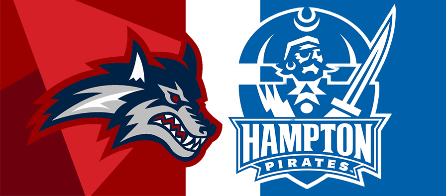 Stony Brook Wolfie with red and dark blue colors logo versus Hampton Pirates logo with a pirate and sword in a pale blue color. 