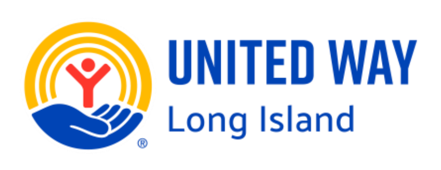 A logo with blue hand holding a person with a yellow arch overhead that says, "United Way Long Island"