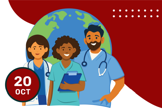 Three professional doctors in white coats and medical scrubs standing in front of a globe, wearing stethoscopes around their necks and one holding a clipboard with text that reads, October 20.