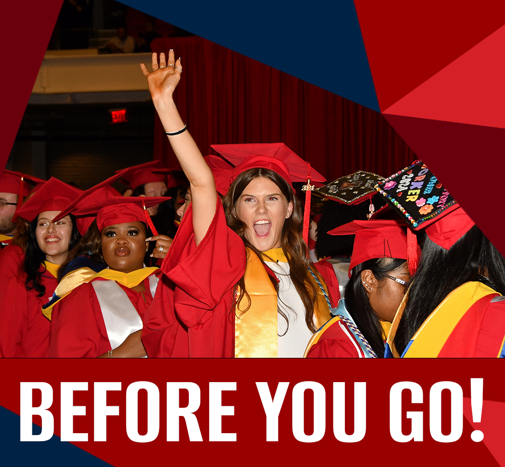 A School of Social Welfare graduate on their graduation day holding their hand high with excitement surrounded by other graduates with text that reads, "Before You Go!"