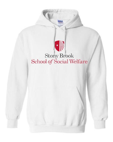 White sweatshirt with the School of Social Welfare logo on the front.