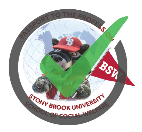 BSW Passport to the Profession image with Stony Brook University Wolfie mascot in a circle with a green check mark