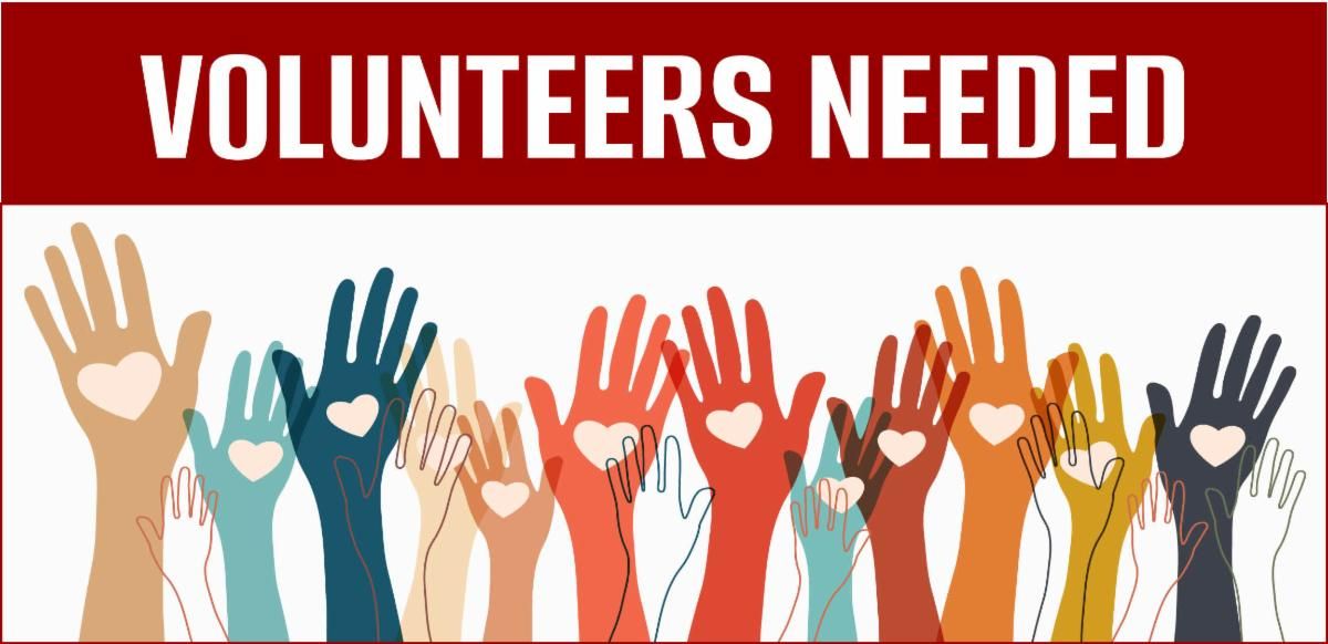 several diverse hands with hearts on the palms with text above that says Volunteers Needed