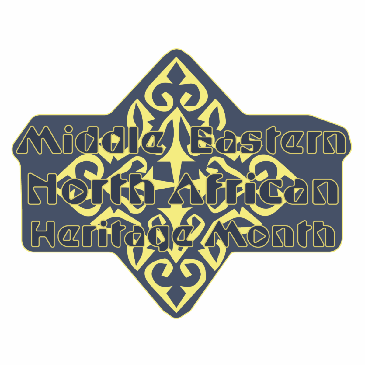 Graphic emblem for Middle Eastern North African Heritage Month with intricate navy blue and yellow art patterns and stylized text in the center