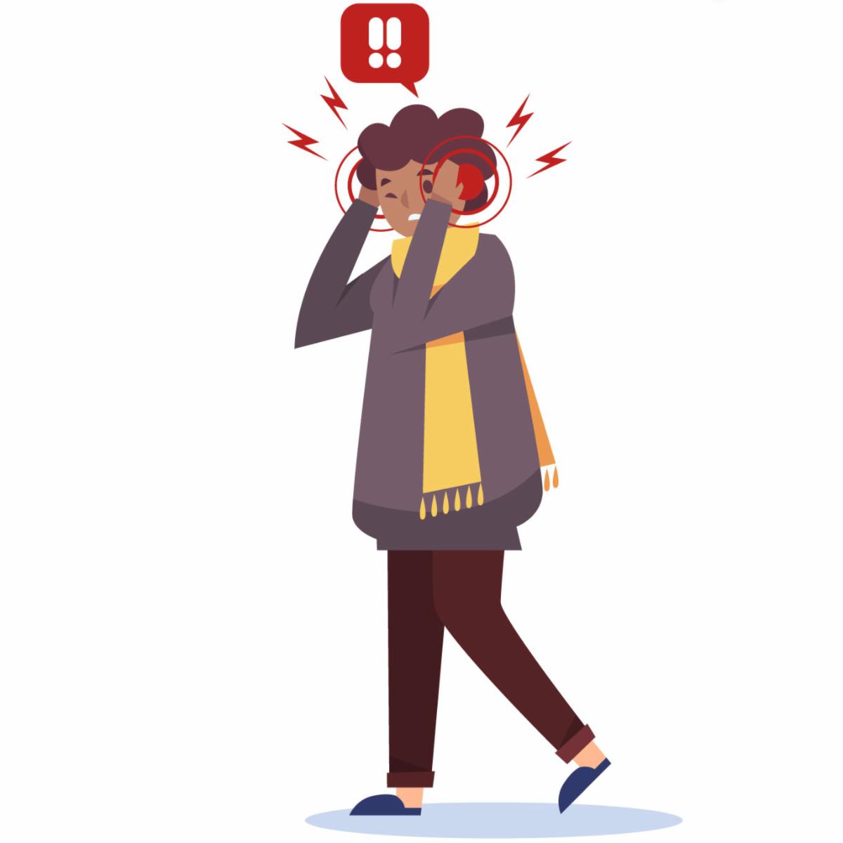 Illustration of a distressed person holding their ears with exclamation marks above their head