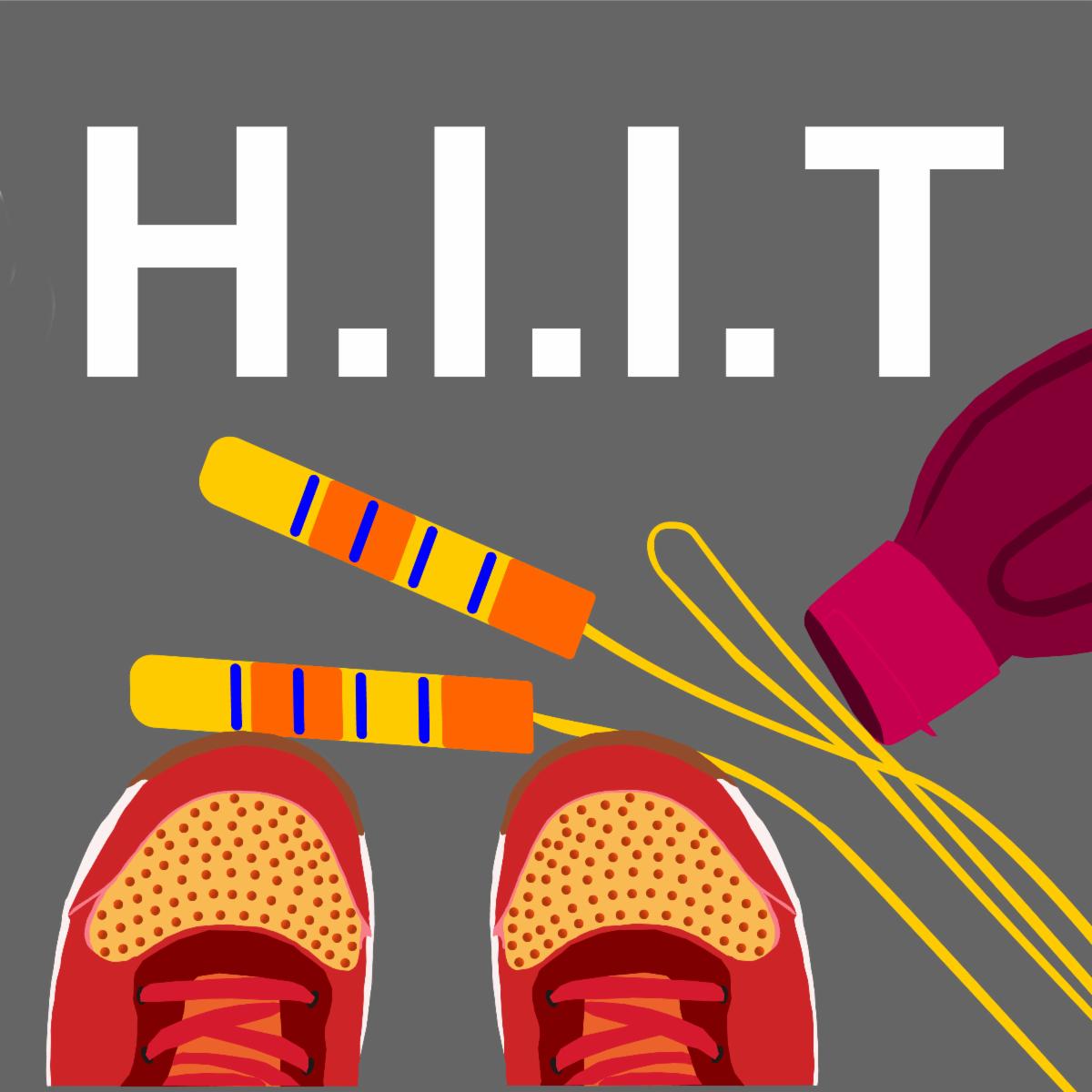 illustration of sneakers jump rope and water bottle with letters H I I T