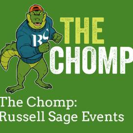 Illustrated alligator mascot next to words The Chomp