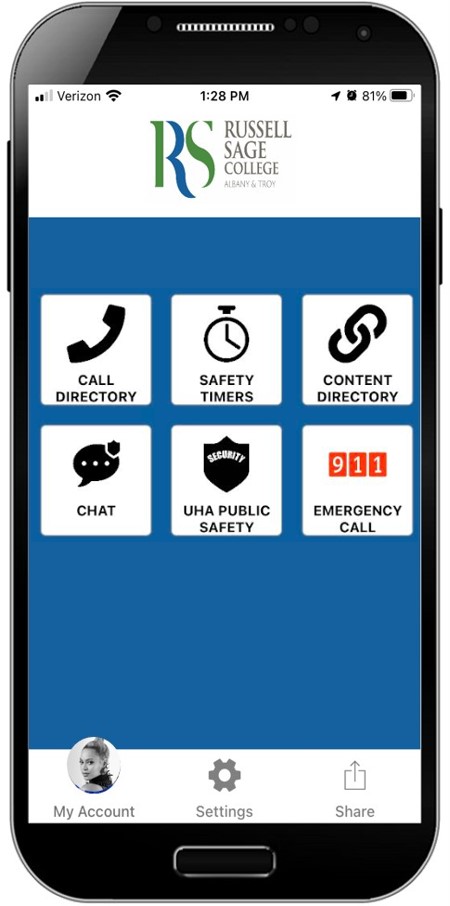 Smartphone screen with Russell Sage College app interface showing safety-related icons such as CALL DIRECTORY SAFETY TIMERS and EMERGENCY CALL and navigation icons My Account Settings and Share