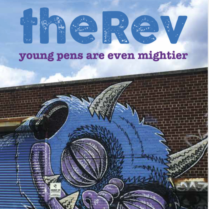 A street mural on a brick wall showing a cartoonish blue creature with spikes and large eyes under a clear sky with the text The Rev young pens are even mightier superimposed