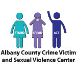 Logo with three colored figures labeled â€œSTAND,â€ â€œSPEAK,â€ and â€œACT,â€ above the name â€œAlbany County Crime Victim and Sexual Violence Center.â€