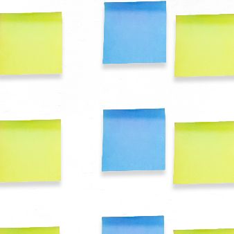 A grid of greenish yellow and blue sticky notes on white background