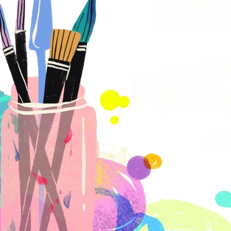 illustration of a collection of paintbrushes in a paint speckled jar with colorful paint splatters on the jar and surrounding the image