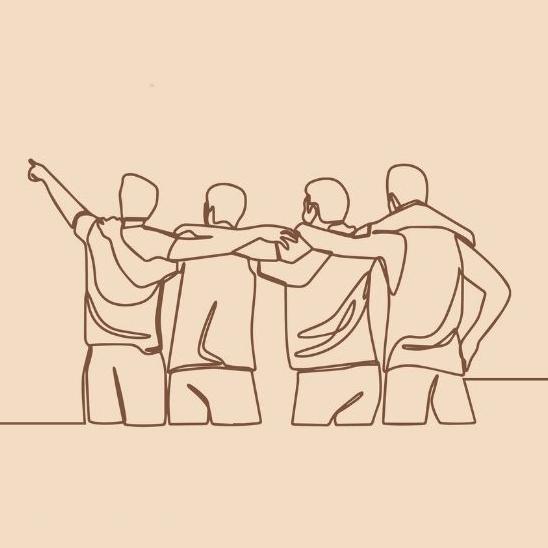 Line drawing of four interconnected figures seen from behind with figure on left one pointing upwards