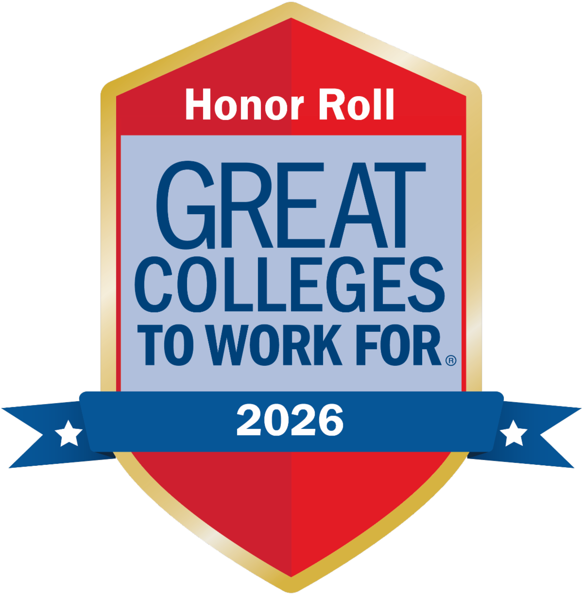 Honor Roll award emblem reading â€œGreat Colleges to Work For,â€ with a blue â€œ2026â€ ribbon and white stars.