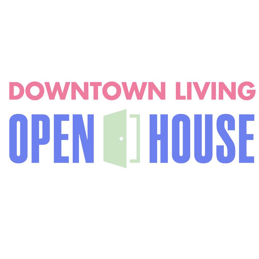 text DOWNTOWN LIVING OPEN HOUSE and an illustration of an open door