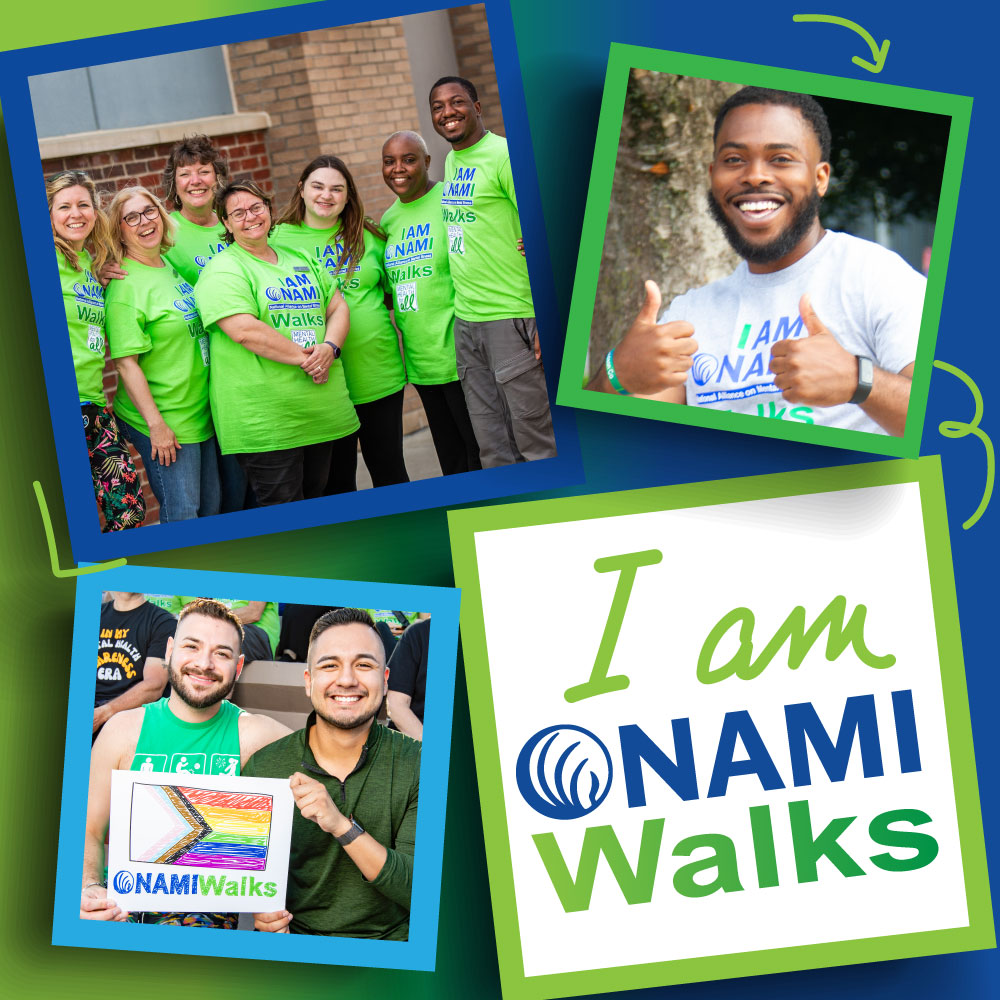 A collage with group and individual photos of people in NAMI Walks Tshirts and text I am NAMI Walks