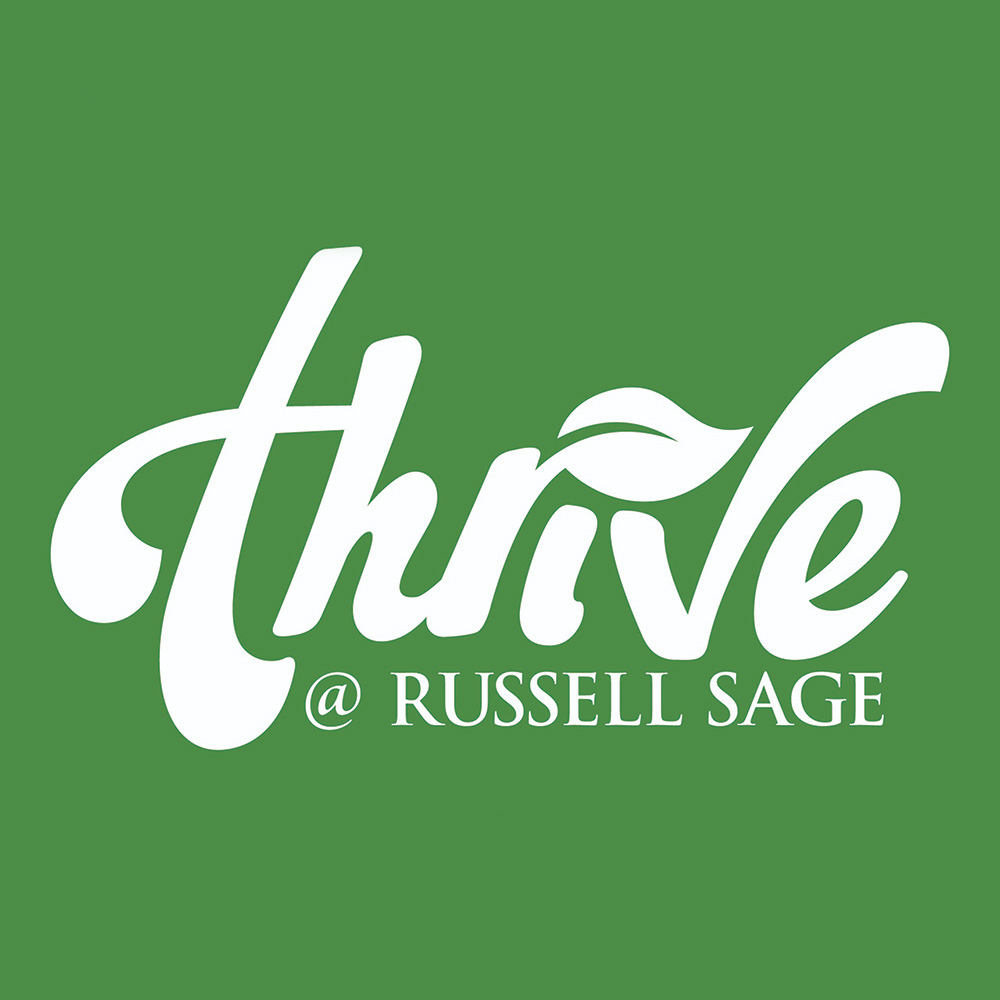 Green square with words Thrive at Russell Sage