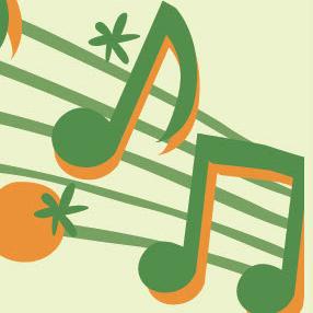 illustration of bright green music notes with orange highlights