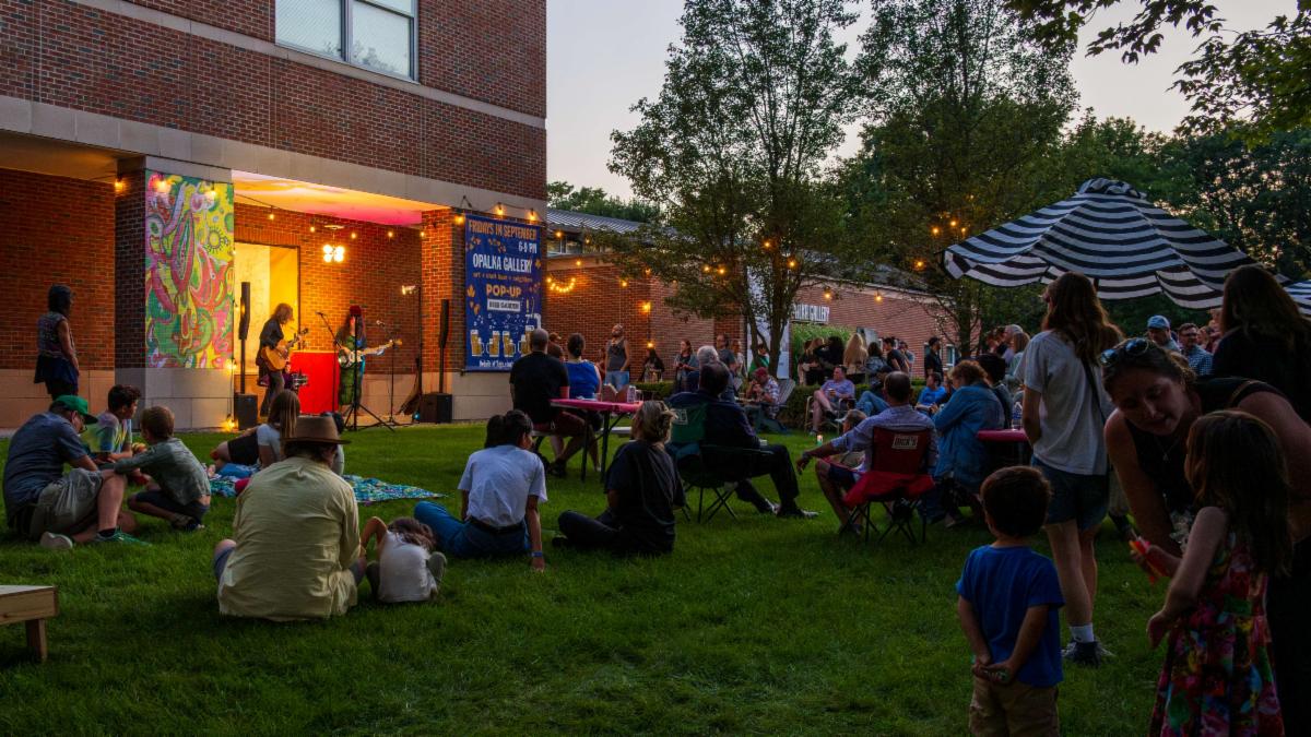 outdoor scene of band and crowd at dusk