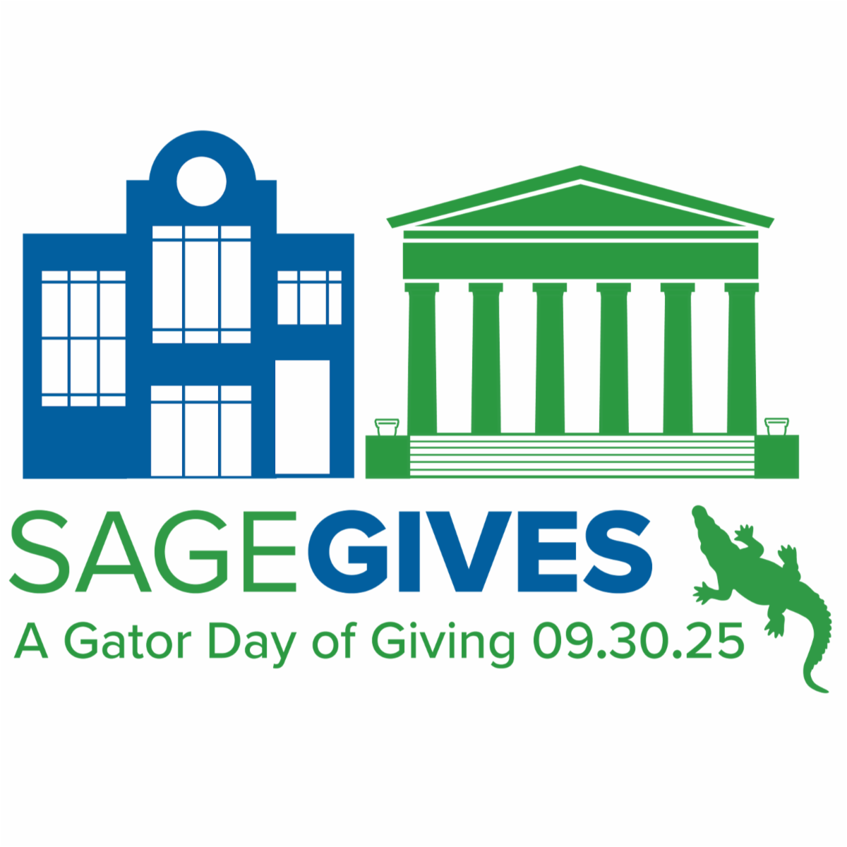 Stylized buildings and the text Sage Gives A Gator Day of Giving 09 dot 30 dot 25 with an alligator silhouette