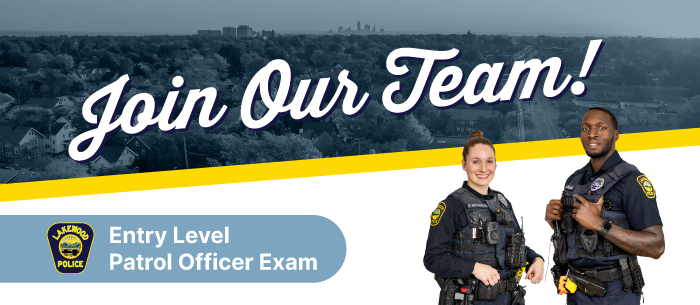 Graphic with text reading "Join Our Team" and "Entry Level Patrol Officer". Two police officers, one white female and one black male, are in the bottom right corner, smiling.