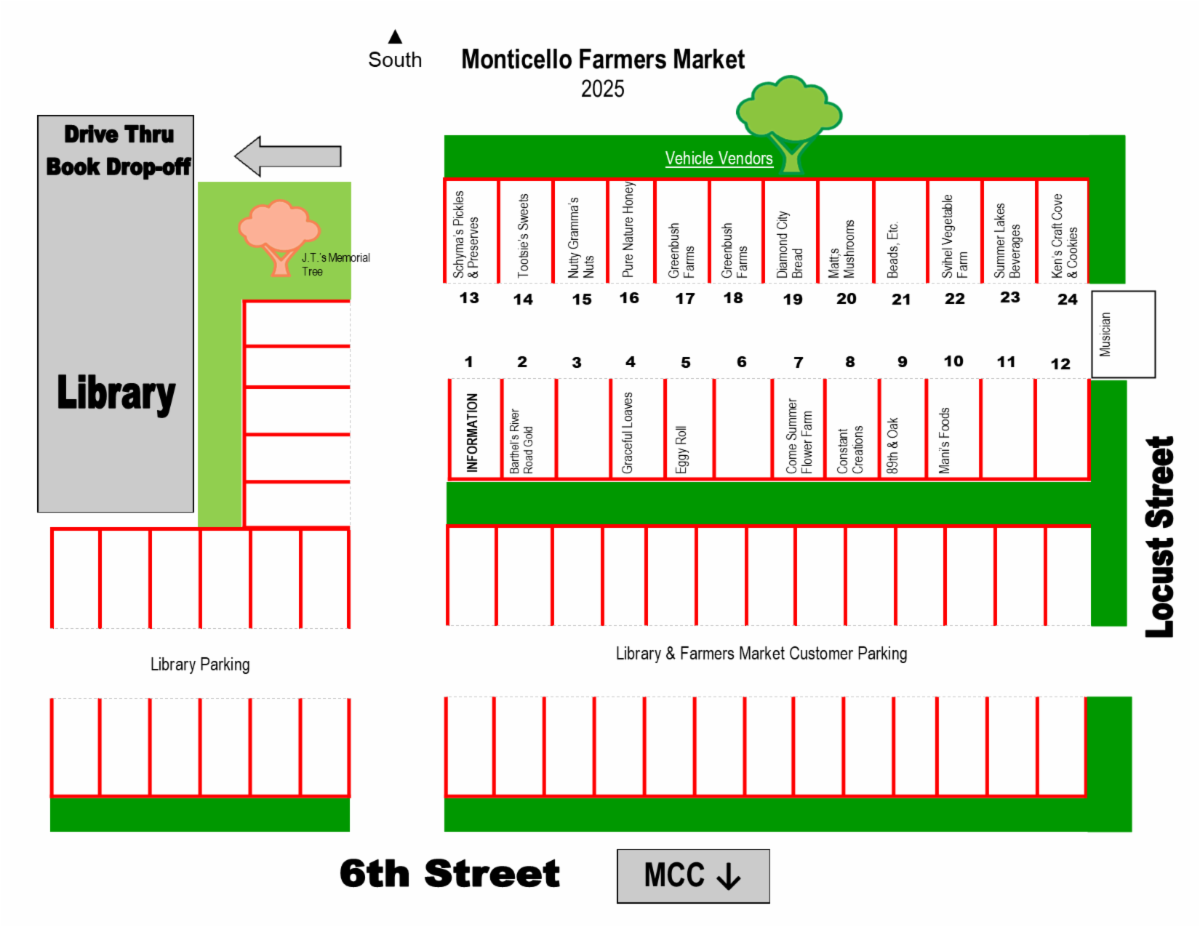 Map of Farmers Market and Vendor Locations in the Library Parking Lot.
