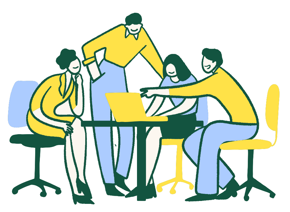 Drawing of four people in yellow and blue clothing collaborating around a table with a document.