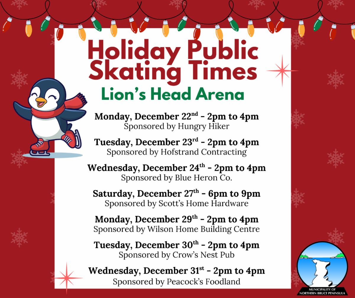 Holiday Public Skating Dates and Times for Lion's Head Arena. Details in link.