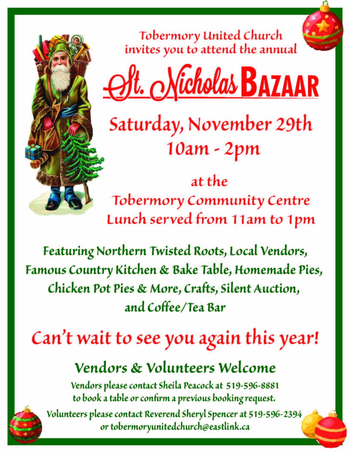 Tobermory United Church St. Nicholas Bazaar November 29. details in link