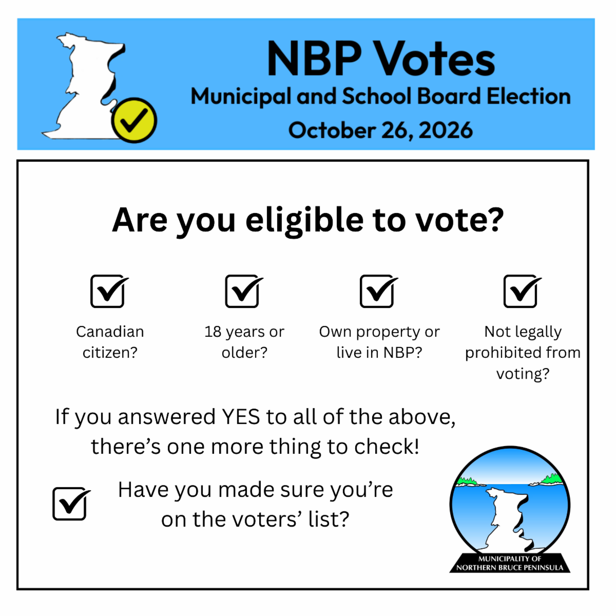 Are you on the Voter's list for the 2026 municipal election? Follow the link for details.