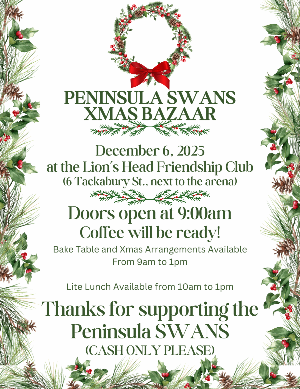 Peninsula SWANS XMAS Bazaar event poster. Details in link.