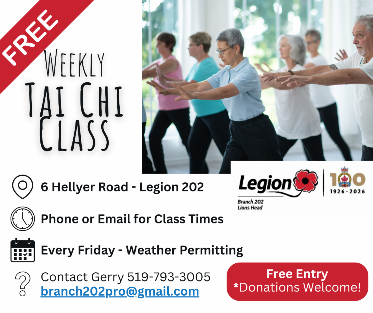 Weekly Free Tai Chi Classes Fridays at Lion's Head Legion. Details in link.