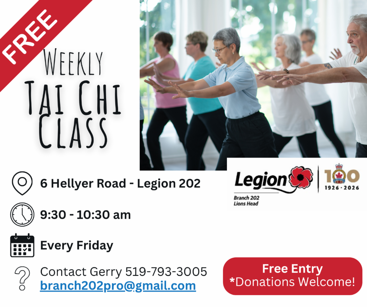 Weekly Free Tai Chi Classes Fridays at Lion's Head Legion. Details in link.