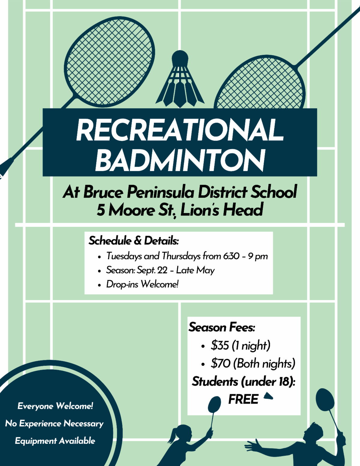 Recreational Badminton, Tuesday and Thursday evenings. Details in link.