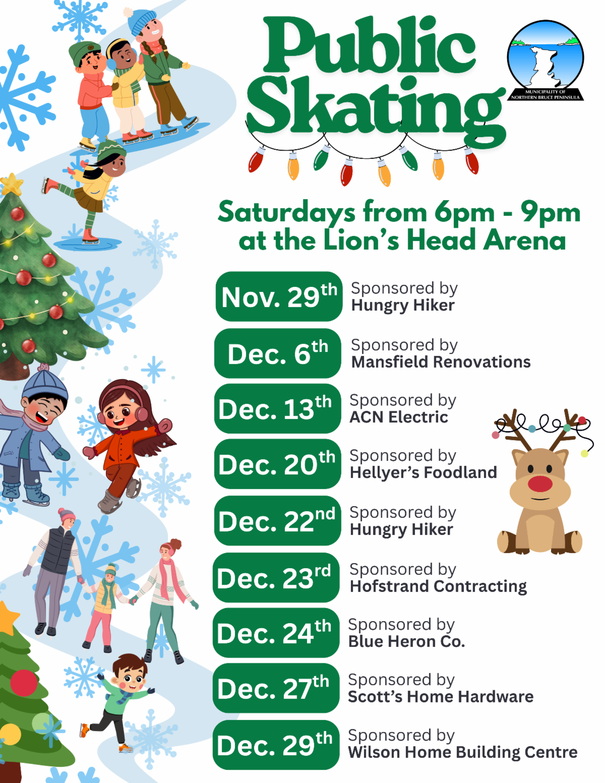 Public Skating Times for Sponsored Skates. Details in link.