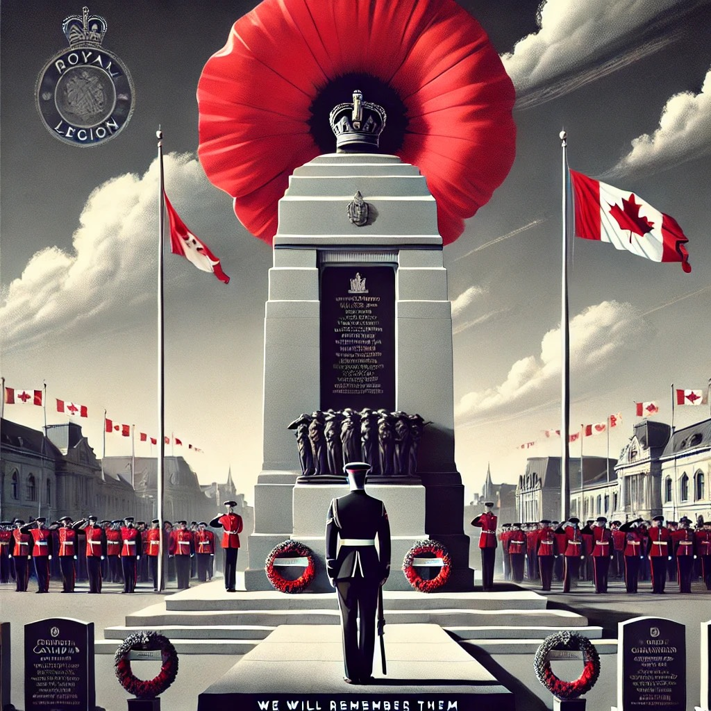 decorative image of soldier and poppies at cenotaph