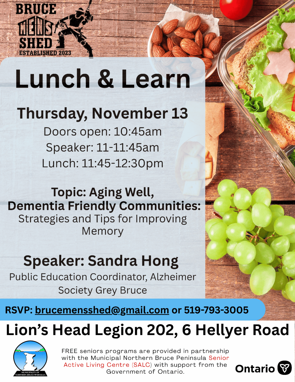 Bruce Mens Shed Lunch and Learn Event November 13. Link goes to event details.