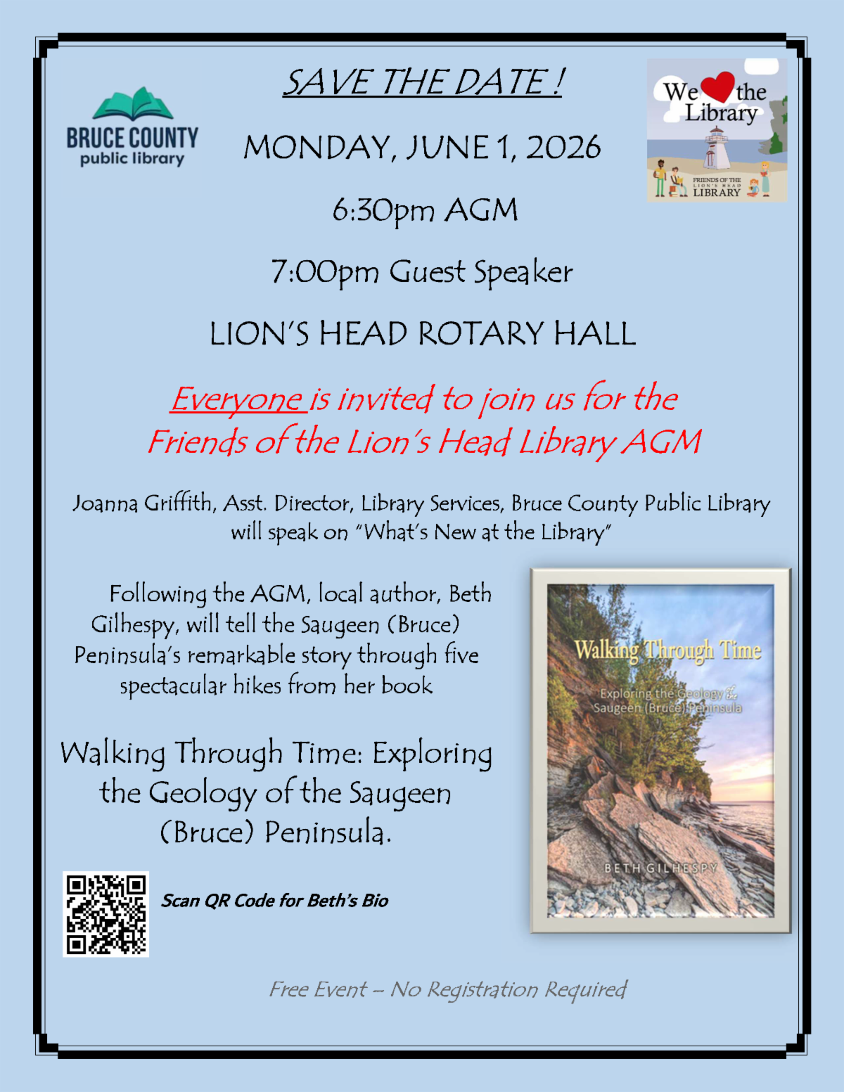 Friends of the Lion's Head Library AGM, June 1, 2026 at 6:30PM with Guest Speaker at 7. Details in link.