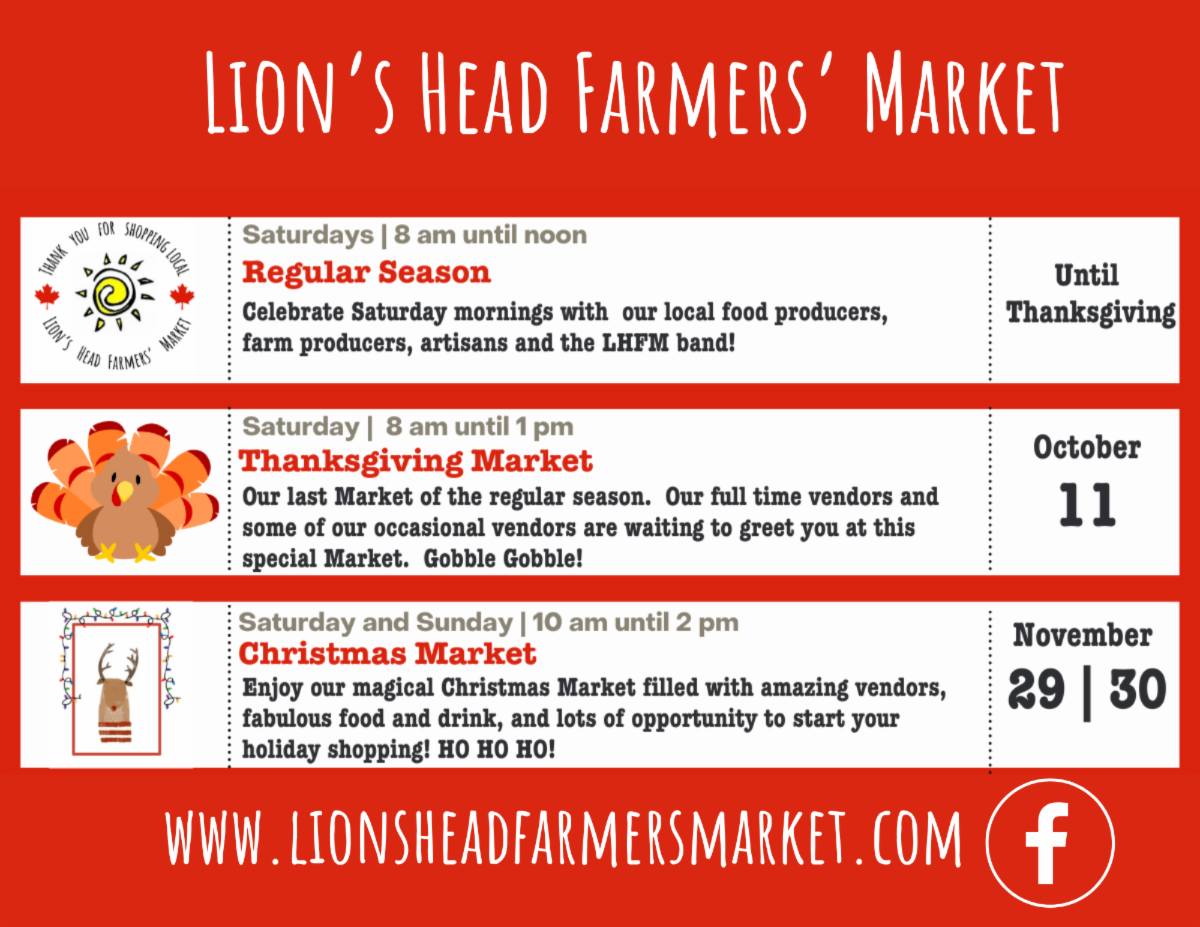 Lions Head Farmers Market dates regular until Thanksgiving Oct 11 Thanksgiving Market Nov 2930 Christmas Market