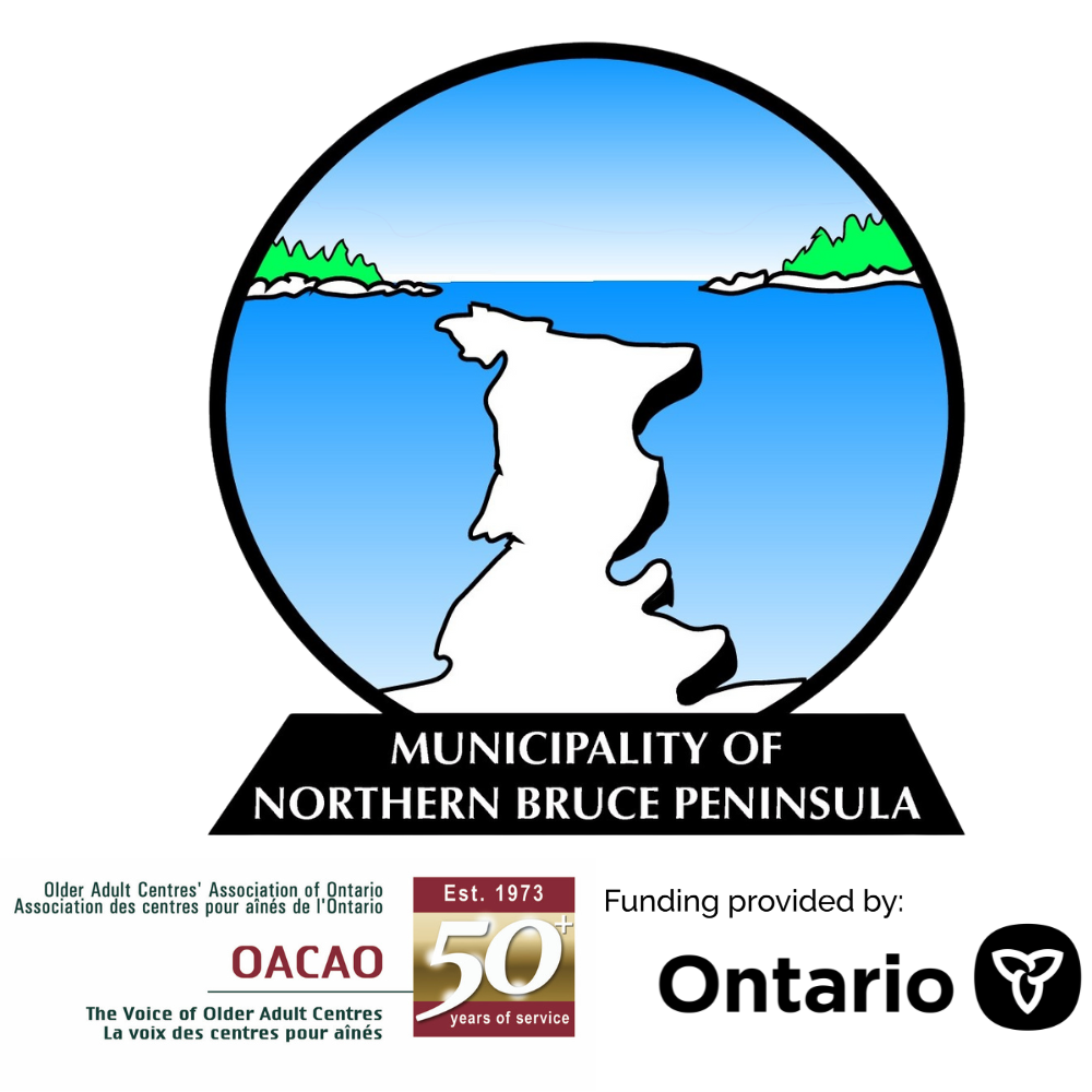 “Logos for the Municipality of Northern Bruce Peninsula, Older Adult Centres’ Association of Ontario (OACAO 50+ years), and Ontario government funding acknowledgement.