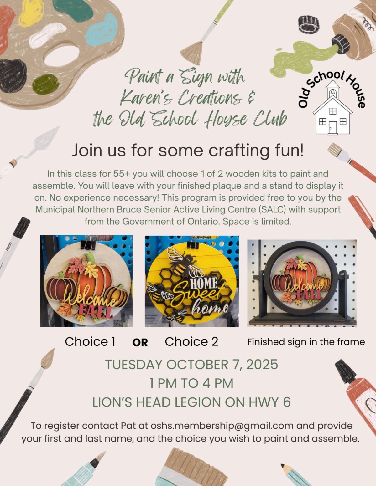 Paint a Sign with Karen's Creations and The Old School House Club Event Poster for October 7