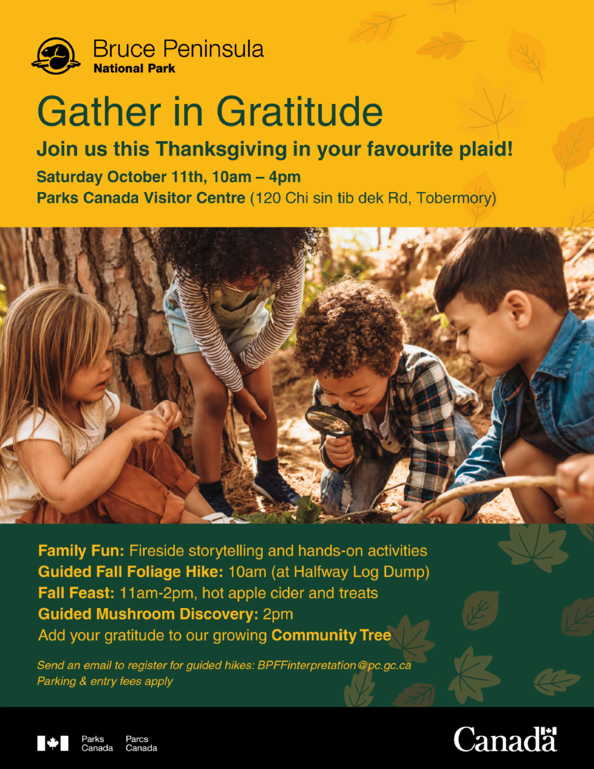 Gather in Gratitude Event Poster. October 11th from 10am to 4pm at the Parks Canada Visitor Centre