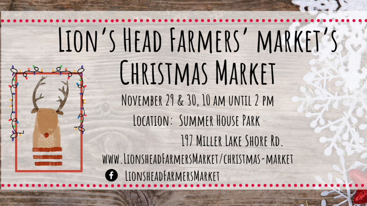 Poster for Lions Head Farmers Market Christmas Market November 29 and 30 at Summer House Park